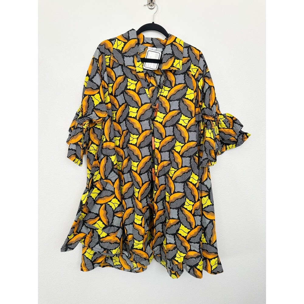 NWT African Stars Cotton A-Line Tiered Sleeve Dress Patterned Yellow Women's L